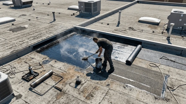 Ouvrier appliquant une étanchéité bitumeuse sur toit industriel avec Etancheite Em Aquitaine à bordeaux
